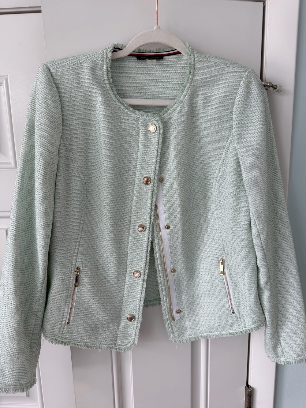 Tommy Hilfiger Light Mint Tweed Blazer with Gold Hardware